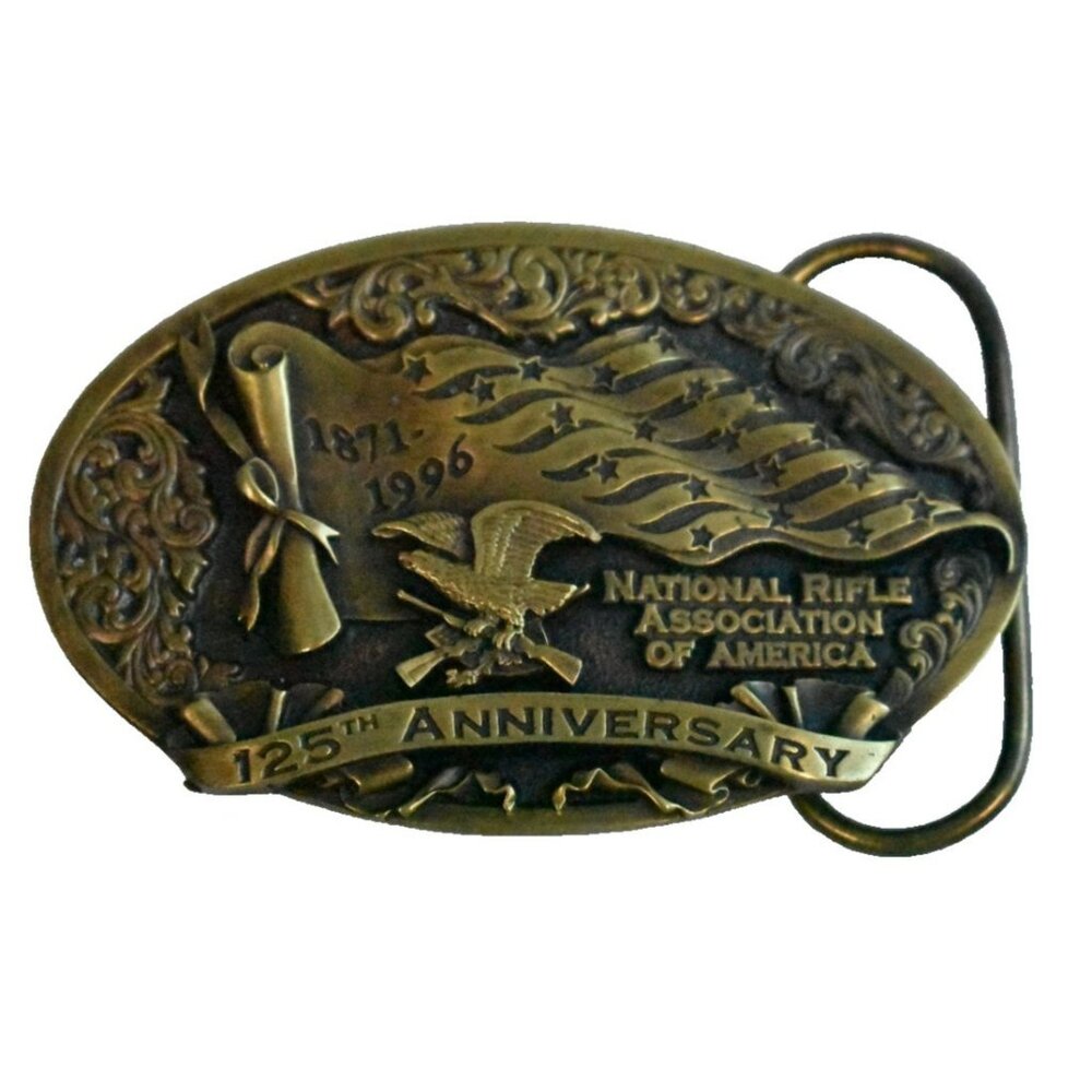 Vintage Brass NRA 125th Anniversary Belt Buckle 1871-1996 Made in USA